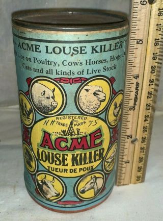 Antique Acme Louse Killer Tin Poultry Veterinary Vet Medicine Can Farm