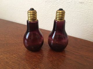 Vintage Purple Glass Salt & Pepper Shaker Set Light Bulb Shaped Screw Brass Caps