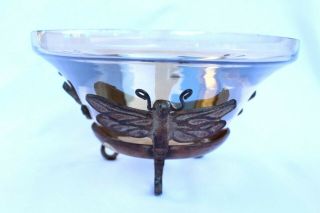 Vtg Gatco Solid Brass Distressed Patina Solid Glass Dragonfly Pedestal Bowl 8.  5”