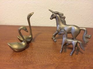 Brass Swan And Unicorn Figurines Vintage Brass 2 Swans 2 Unicorns