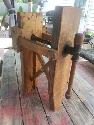 Antique Wooden Bench Vise Screw 14 " Long Lqqk Wooden Leg Vise