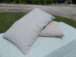 Vintage Blue Striped Ticking Feather Pillows - 14x25
