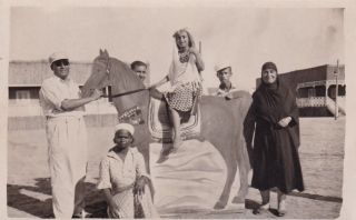 Egypt Old Vintage Photograph.  Cute Family On The Beach With Wooden Horse.