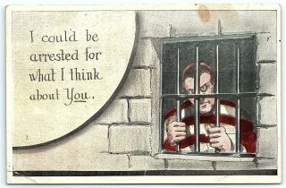 Vtg Postcard Illustration Prison Convict Prisoner Bars Comedy Arrested 1921 A8