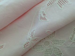 Lovely Antique French Linen Hand Embroidered Tablecloth Round 62 " Pale Pink