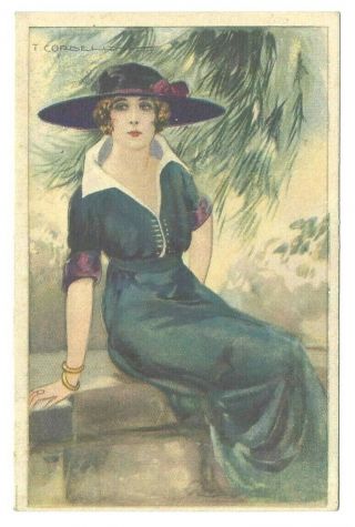 Artist Signed Tito Corbella Art Deco Woman In Blue Dress Postcard Vtg