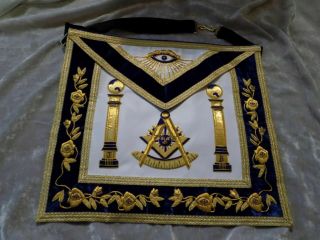 Past Master Gold Bullion Apron Masonic Pillars Leather Style Pocket