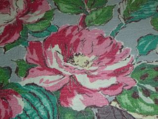 Vtg Cotton Barkcloth Fabric Curtain Panel Gray Big Pink Floral 50 " X 2.  33 Yds