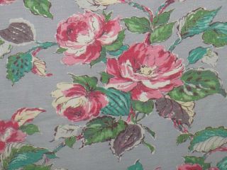 Vtg Cotton Barkcloth Fabric Curtain Panel Gray BIG Pink Floral 50 