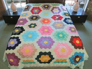 Colorful Vintage Hand Pieced Heavy Polyester Flower Garden Quilt; 95 " X 73 "