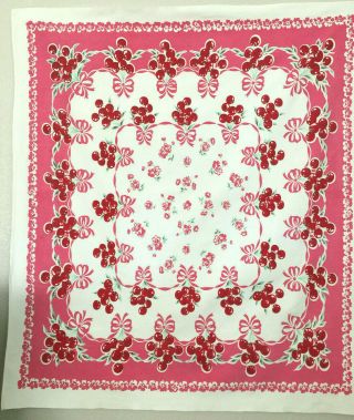 Vintage Printed Tablecloth With Red Cherries And Pink Flowers