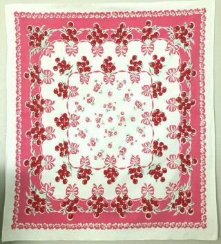 Vintage Printed Tablecloth with Red Cherries and Pink Flowers 2