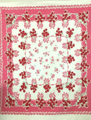 Vintage Printed Tablecloth with Red Cherries and Pink Flowers 3