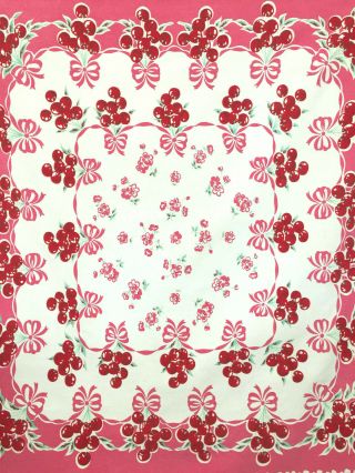 Vintage Printed Tablecloth with Red Cherries and Pink Flowers 4