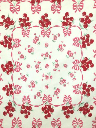 Vintage Printed Tablecloth with Red Cherries and Pink Flowers 5