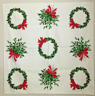 Vintage Printed Christmas Tablecloth With Wreaths And Holly
