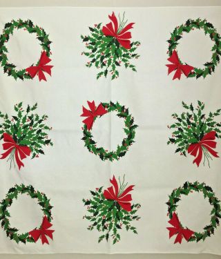 Vintage Printed Christmas Tablecloth with Wreaths and Holly 2