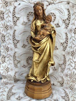 ANRI Vintage Madonna Mary Child Jesus Carved Wood Statue Figure Gold Italy 11” 5