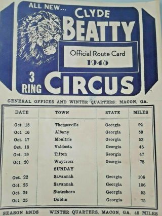 Vintages Clyde Beatty 3 Ring Circus 1945 Official Route Card R3
