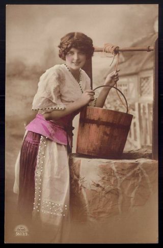 Edwardian Woman Grete Reinwald Near Well.  Old Real Photo Postcards 1910s Germany