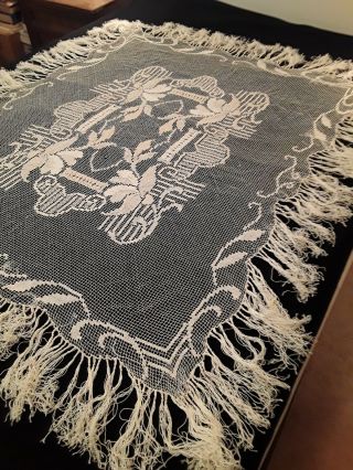 Crochet Net Shawl Scarf Piano Cotton Lace Ecru Sheer W/long Fringes Vintage