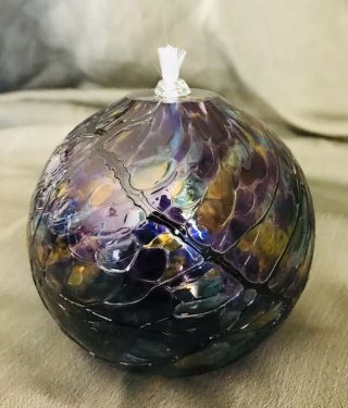 Hand Blown Iridescent Art Glass Oil Lamp Relieved Blk Glass Strings