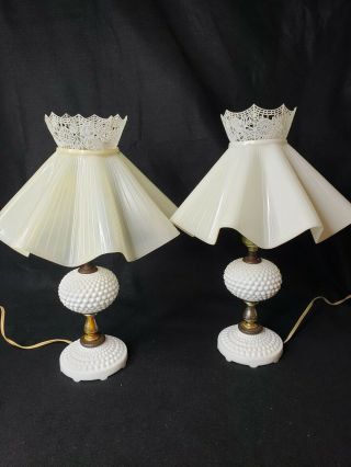Milk Glass Hobnail Vanity Boudoir Table Lamps W/ballerina Shades (2) Vintage