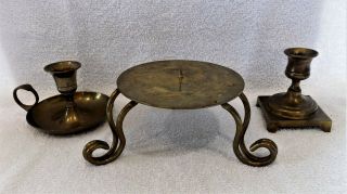 3 Vintage Solid Brass Candle Holders One Pillar And Two Taper (1 Eb) All Unique