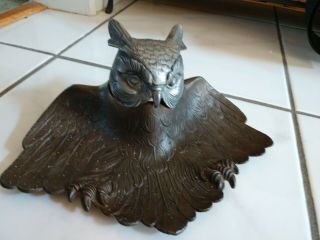 Vintage Gilt Cast Iron Owl Inkwell & Tray 4536 Or Is It Brass? Late 1800 