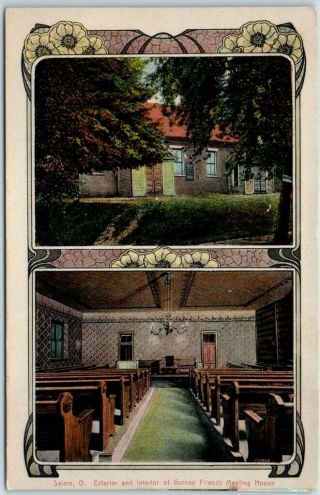 1910s Salem,  Ohio Postcard " Exterior & Interior Of Gurney Friends Meeting House "