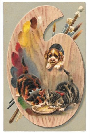 Vintage Postcard Of Puppy And Kittens On Palette Embossed Db Era
