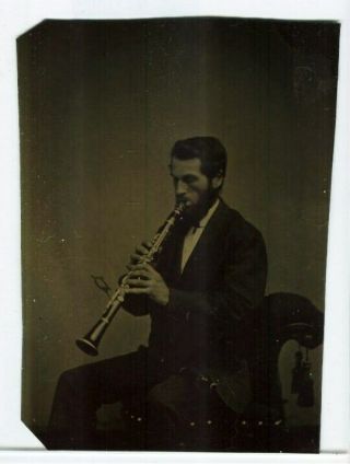 Fine Rare Tintype Of Man Playing A Clarinet