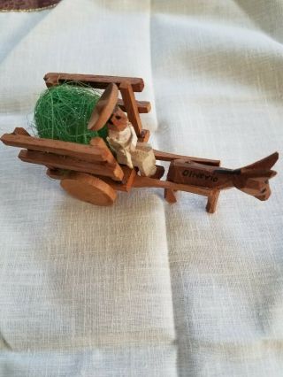 Vintage Oliverio Wooden Miniature Toy Figurine Donkey Cart With Mexican Man