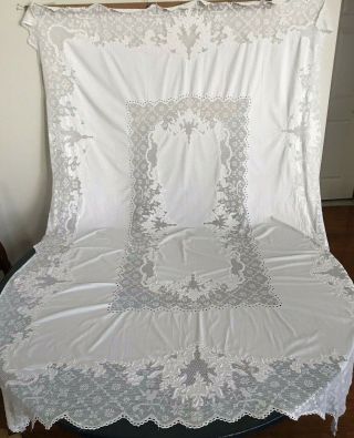 Vintage Embroidered White Cotton Tablecloth W/ Filet Lace 63 " X 94 "