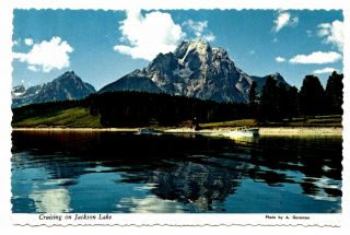 Pleasure Cruise Jackson Lake Wyoming Postcard Cruising Boat Mt Moran Vintage