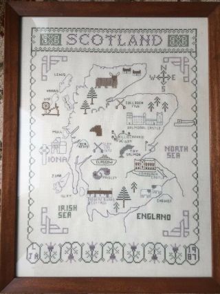 Vintage Dated Scotland Map Sampler Cross Stitch Needlepoint Framed Picture