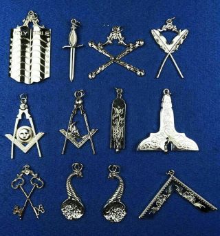 Masonic - Blue - Lodge - Officer - Collar - Jewels - Set - Of - 12 - Silver