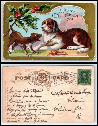 1908 Postcard " A Merry Christmas To You " 2 Dogs / Puppies - N28