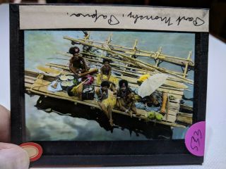 Historic Colored Glass Magic Lantern Slide Ees Port Moresby Raft Women Drums