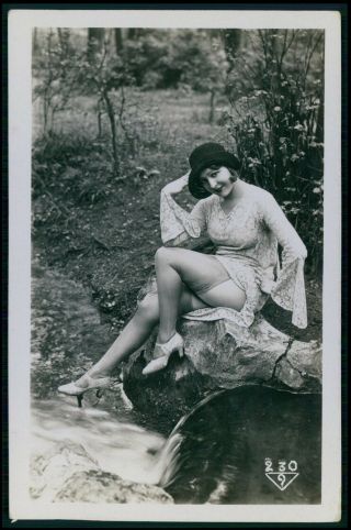French Nude Woman Biederer Riverside Stockings Flapper Old 1925 Photo Postcard B