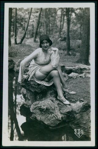 French Nude Woman Biederer Riverside Stockings Flapper Old 1925 Photo Postcard A