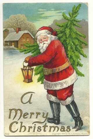 Embossed Santa Claus Christmas Tree Lantern Holiday H I Robbins Postcard