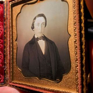 1/6 Plate Daguerreotype Of Young Man With Bow Tie Full Case
