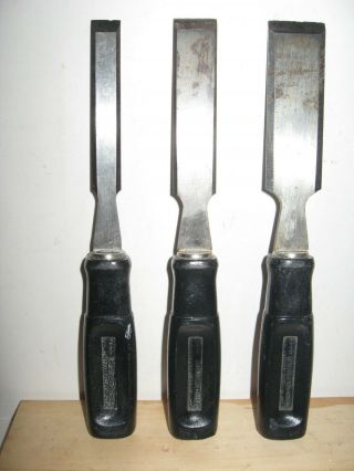 3 Vintage Stanley Wood Chisels - 1/2,  3/4,  & 1 " - Plastic Handles - - Usa