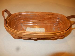 1995 Longaberger Small Oval Cracker Basket With Plastic Liner And Leather Handle