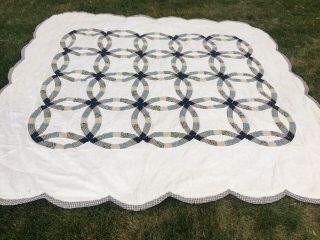 Vintage Quilt,  Handmade Hand Stitched Wedding Ring Scalloped Edges Blue Paisley