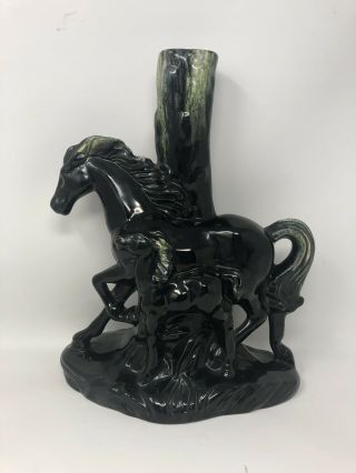 Vintage Mid Century Glazed Ceramic Lamp Base Only Horses Green Black
