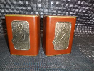 Old Vtg Gold Horse Head Leather Bookends Book Ends Library Decor