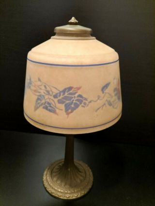 VTG Antique Aladdin Cast Iron Table Lamp Reversed Painted Ivanhoe Glass Shade 2