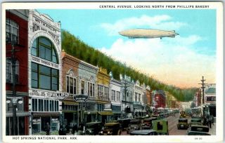 1930s Hot Springs National Park Postcard Central Avenue Street Scene W/ Blimp